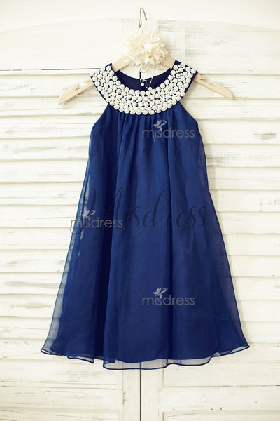 Boho Beach Navy Blue Chiffon Flower Girl Dress with pearl beaded neckline - Flower Girl Dresses