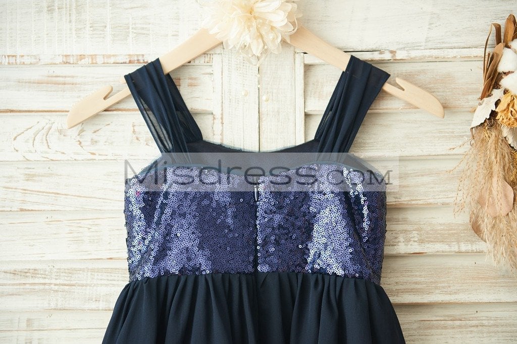 Boho Beach Navy Blue Sequin Chiffon Wedding Flower Girl Dress - Flower Girl Dresses