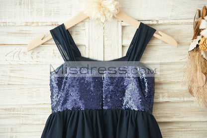 Boho Beach Navy Blue Sequin Chiffon Wedding Flower Girl Dress - Flower Girl Dresses