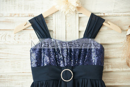 Boho Beach Navy Blue Sequin Chiffon Wedding Flower Girl Dress - Flower Girl Dresses