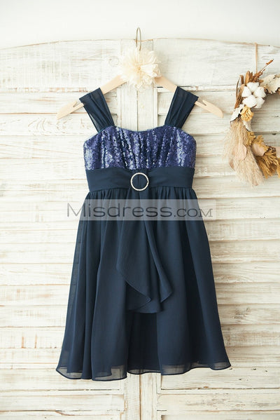 Boho Beach Navy Blue Sequin Chiffon Wedding Flower Girl Dress - Flower Girl Dresses