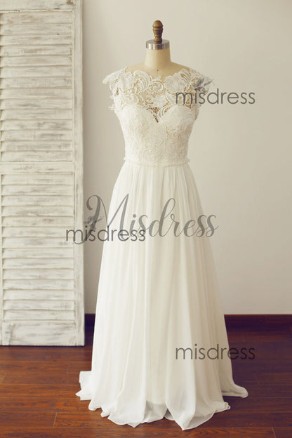 Boho Beach V Open Back Cap Lace Chiffon Wedding Dress - Bridal Dresses