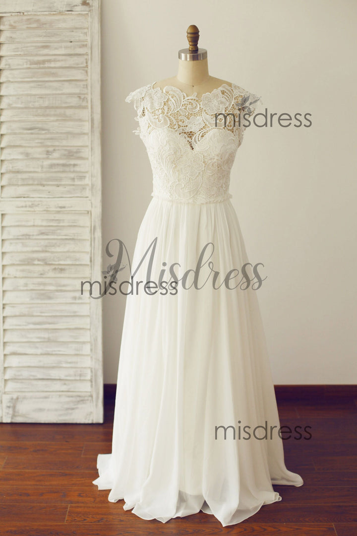 Boho Beach V Open Back Cap Lace Chiffon Wedding Dress - Bridal Dresses