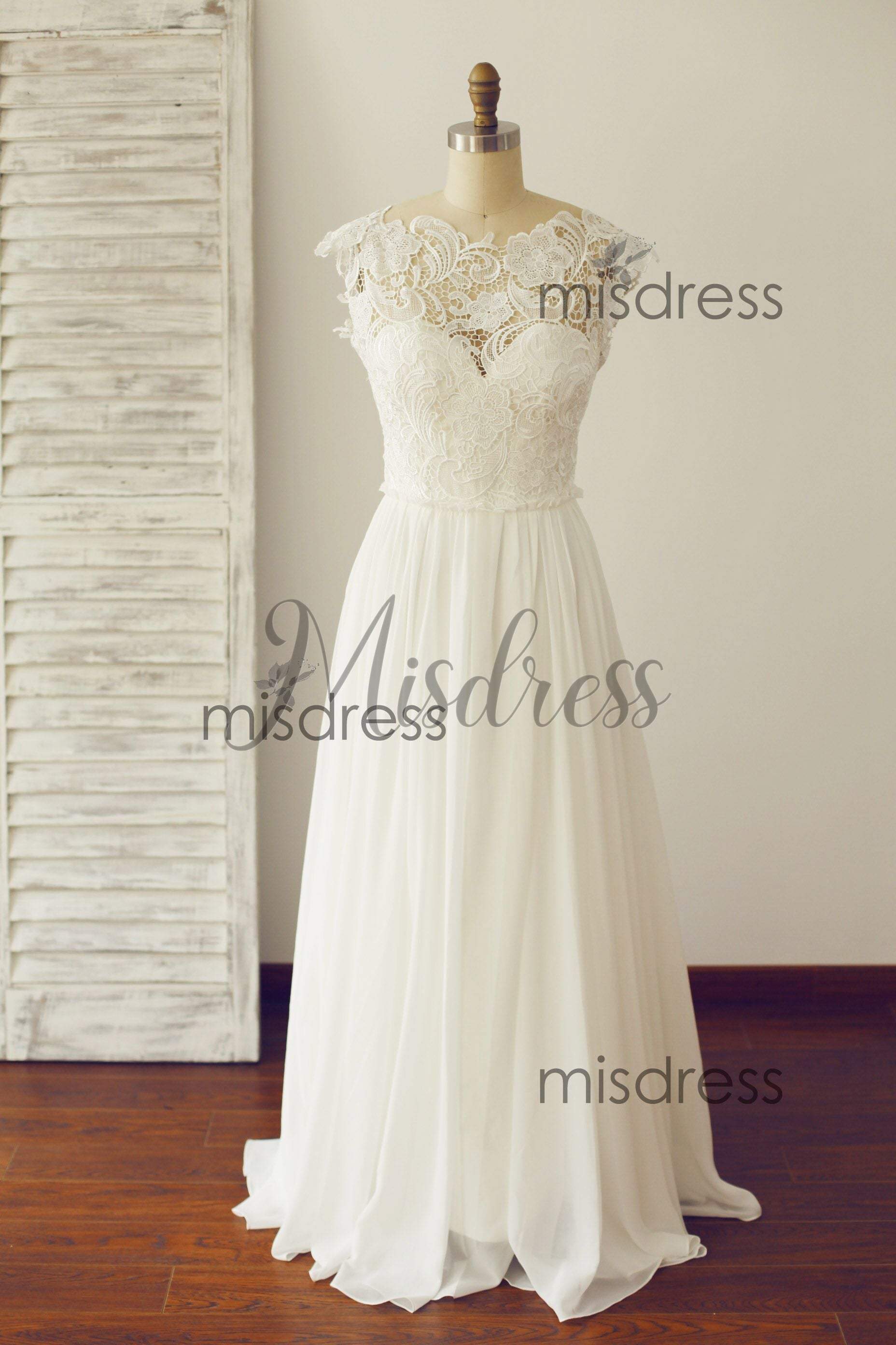 Boho Beach V Open Back Cap Lace Chiffon Wedding Dress - Bridal Dresses