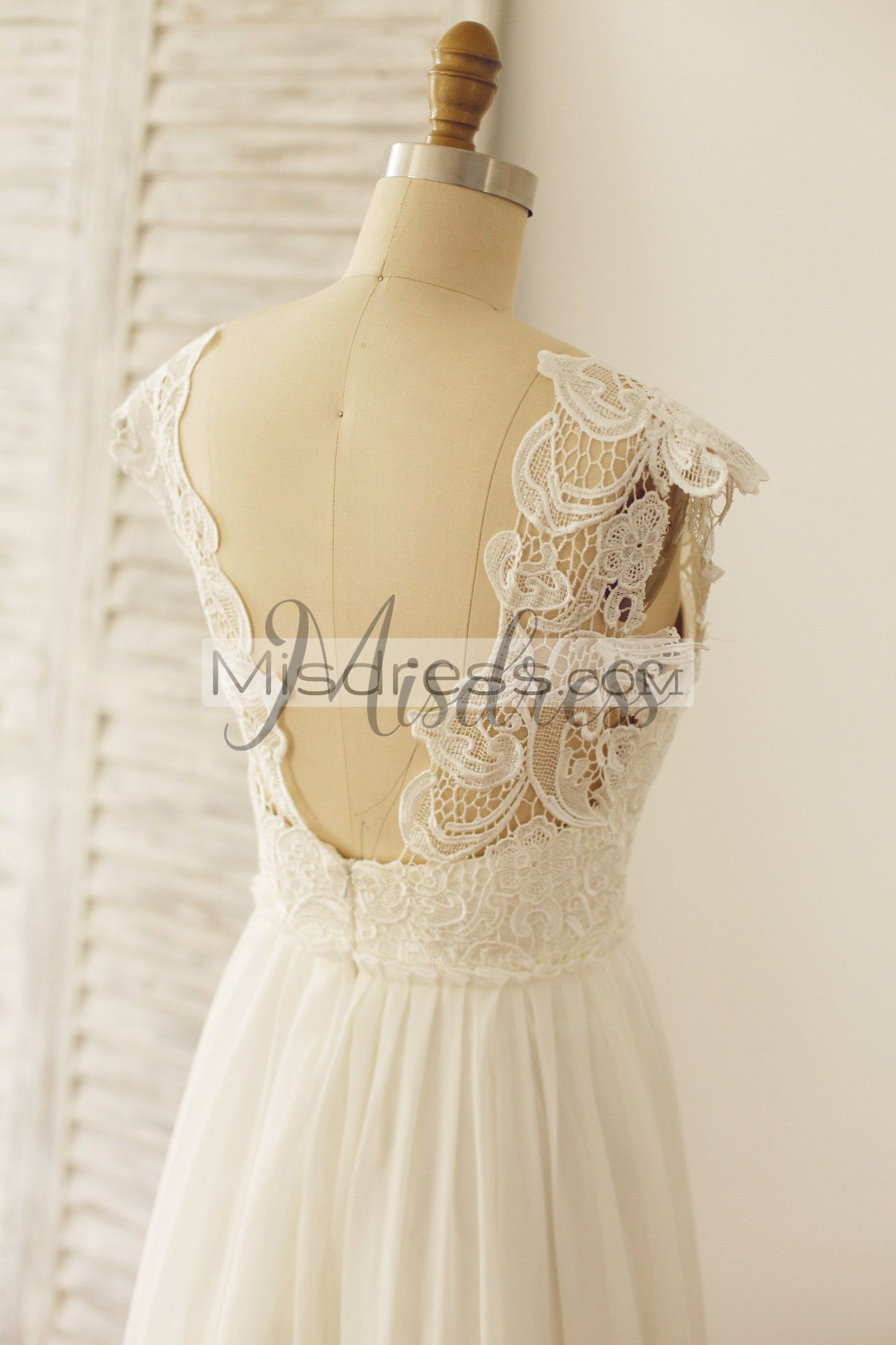 Boho Beach V Open Back Cap Lace Chiffon Wedding Dress - Bridal Dresses