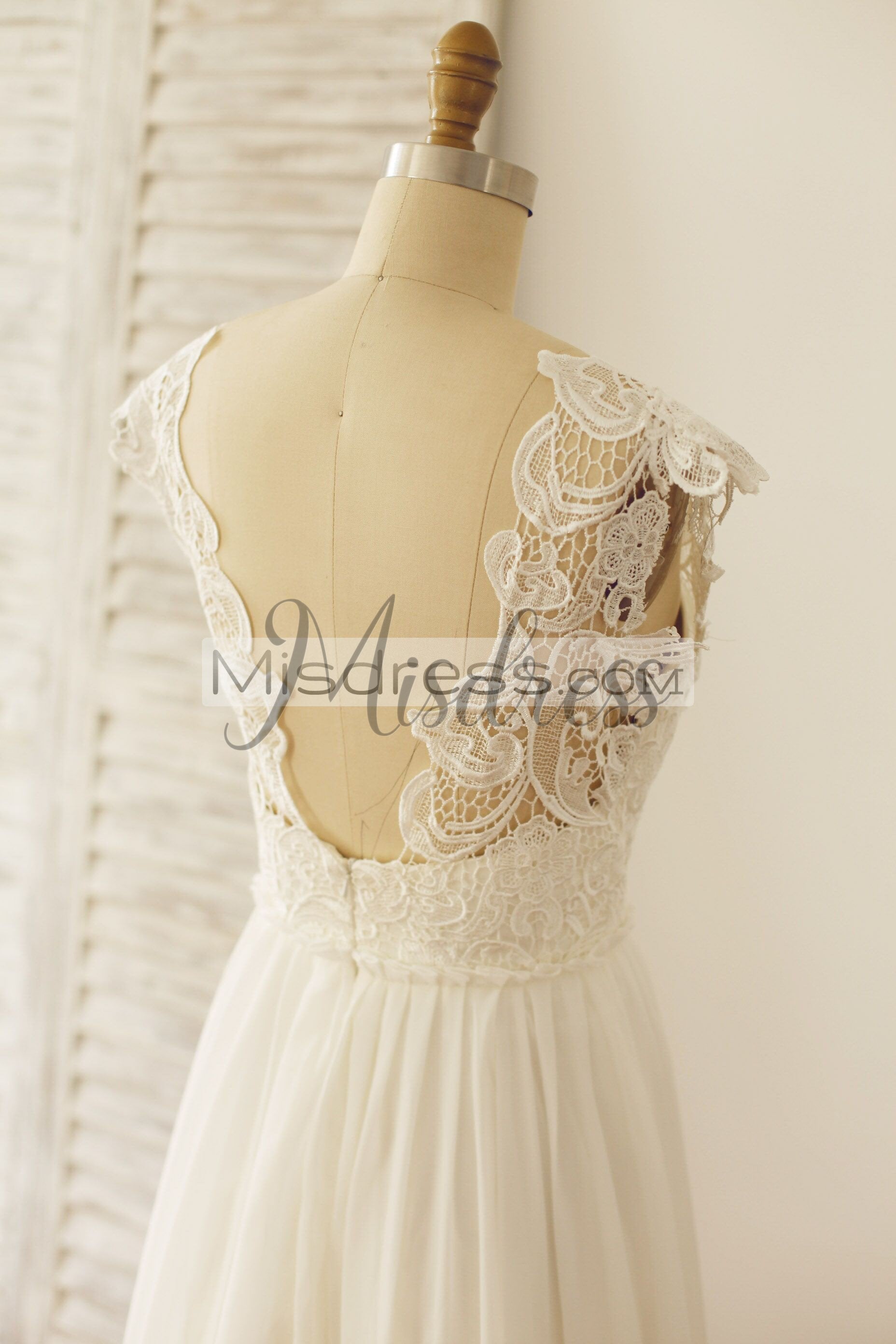 Boho Beach V Open Back Cap Lace Chiffon Wedding Dress - Bridal Dresses