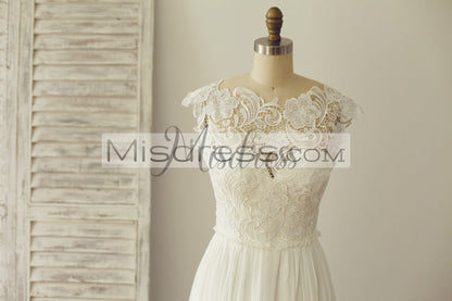 Boho Beach V Open Back Cap Lace Chiffon Wedding Dress - Bridal Dresses