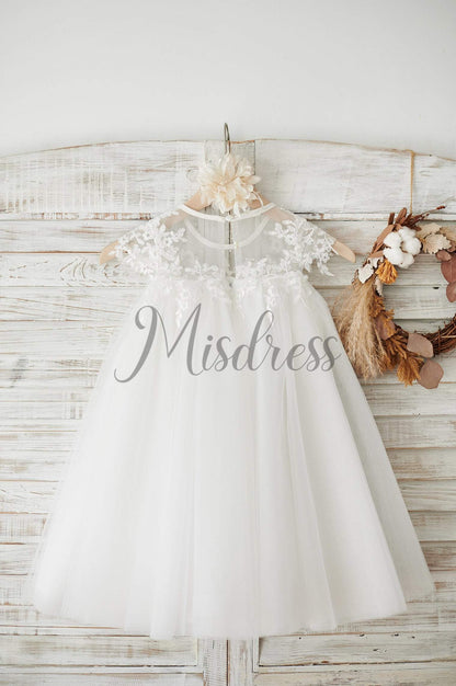 Boho Beach Sheer Neck Ivory Tulle Lace Wedding Flower Girl Dress - Flower Girl Dresses