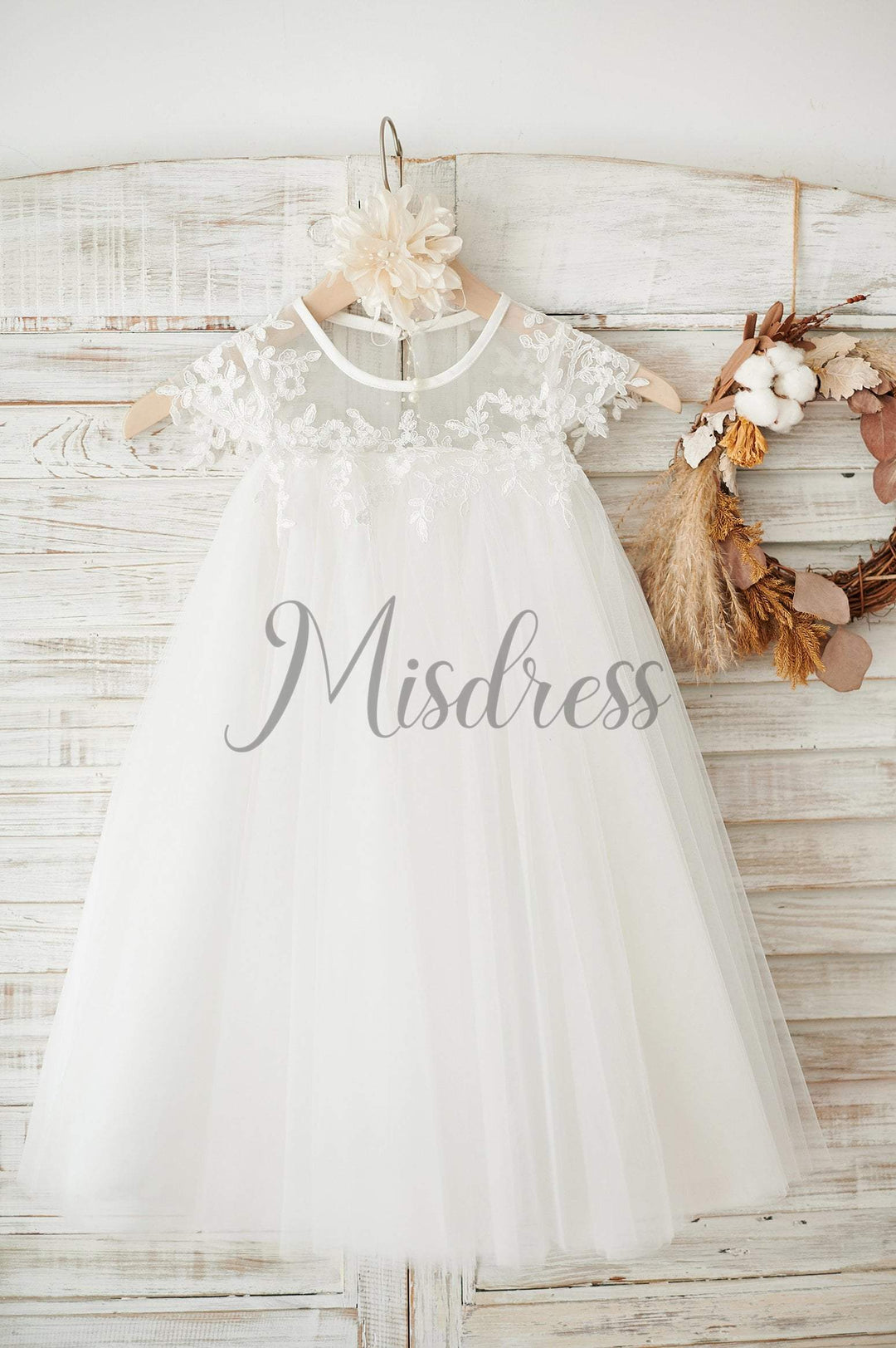 Boho Beach Sheer Neck Ivory Tulle Lace Wedding Flower Girl Dress 8T Boho Beach Sheer Neck Ivory Tulle Lace Wedding Flower Girl Dress 8T