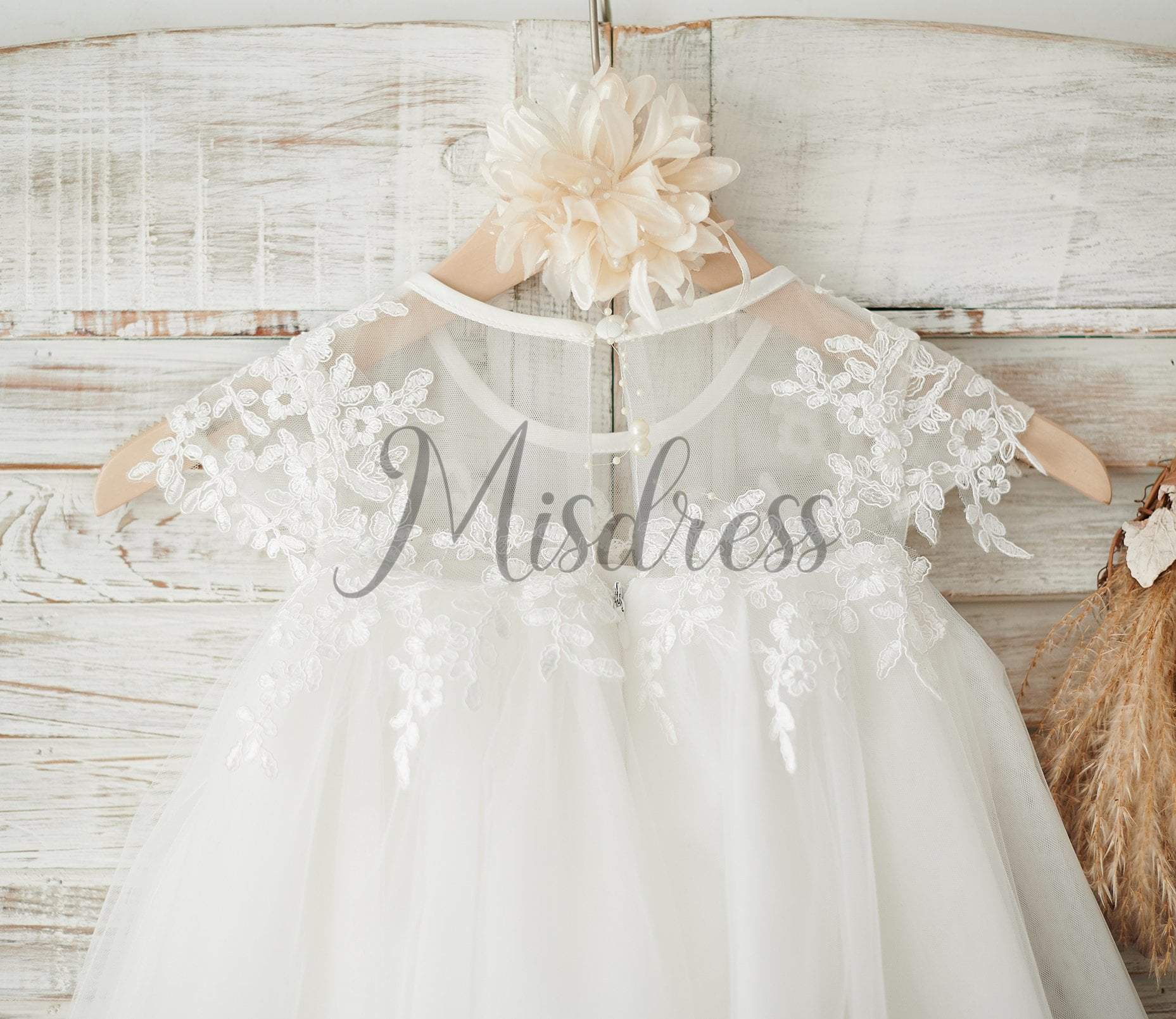 Boho Beach Sheer Neck Ivory Tulle Lace Wedding Flower Girl Dress - Flower Girl Dresses