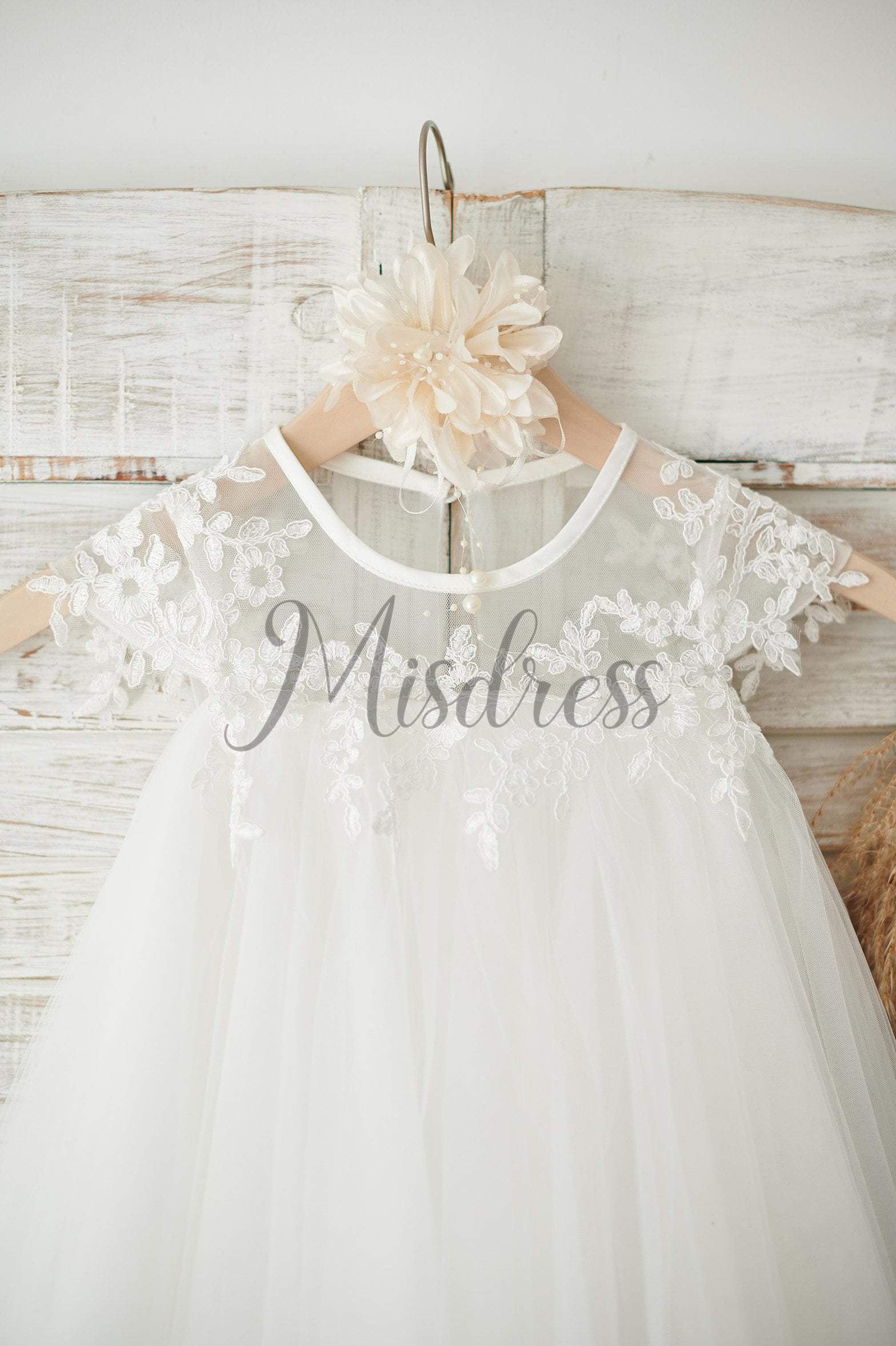 Boho Beach Sheer Neck Ivory Tulle Lace Wedding Flower Girl Dress - Flower Girl Dresses