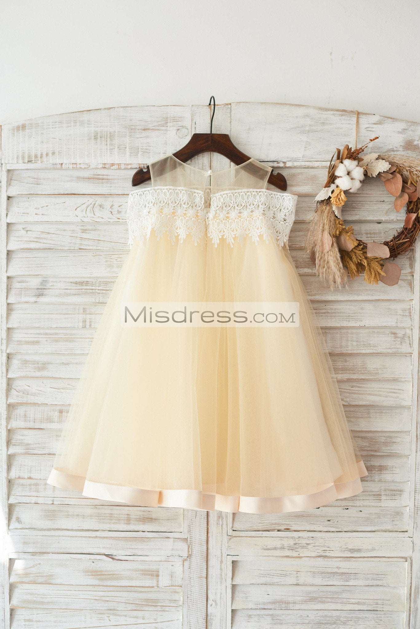 Boho Beach Off Shoulder Champagne Tulle Lace Wedding Flower Girl Dress - Flower Girl Dresses