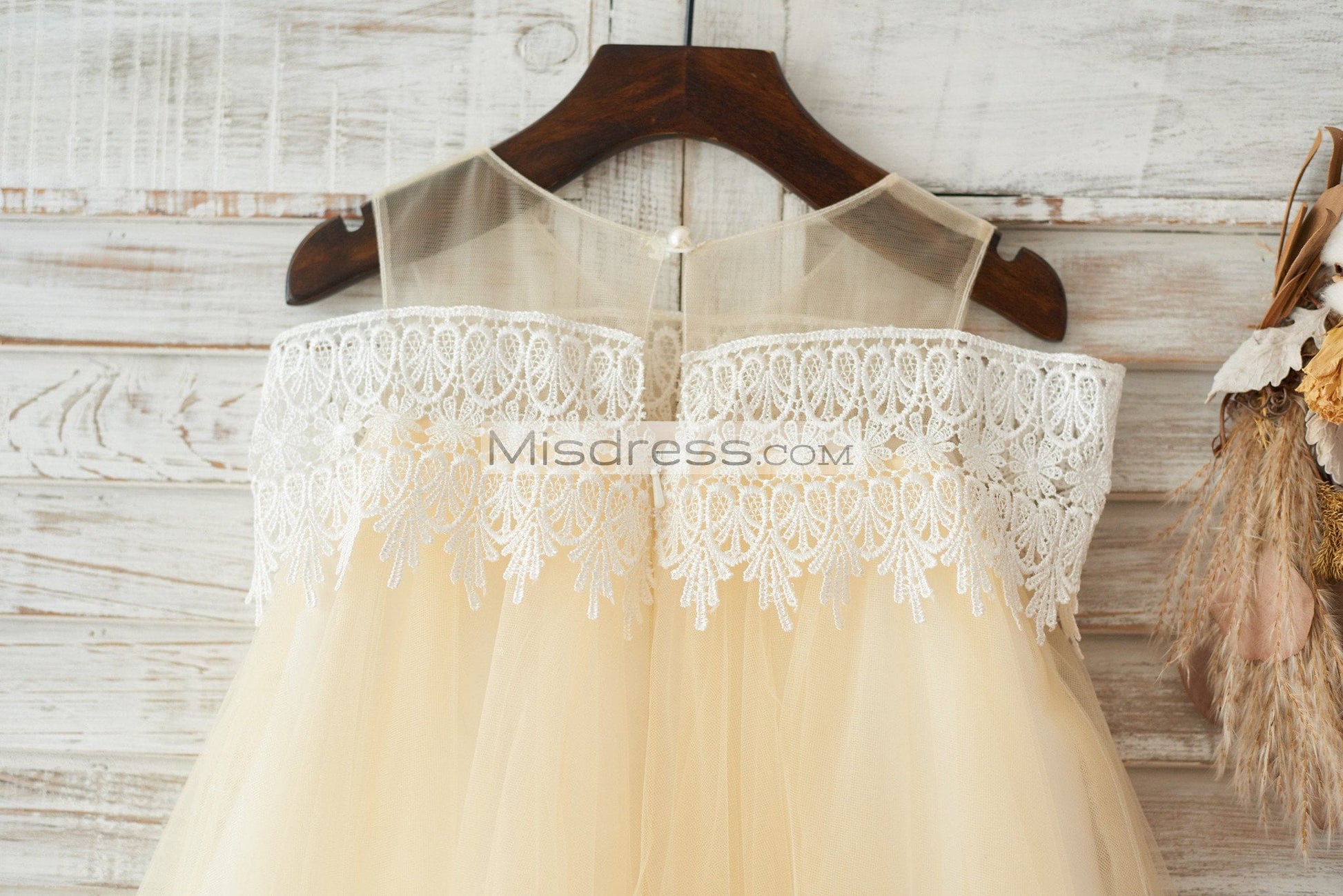 Boho Beach Off Shoulder Champagne Tulle Lace Wedding Flower Girl Dress - Flower Girl Dresses