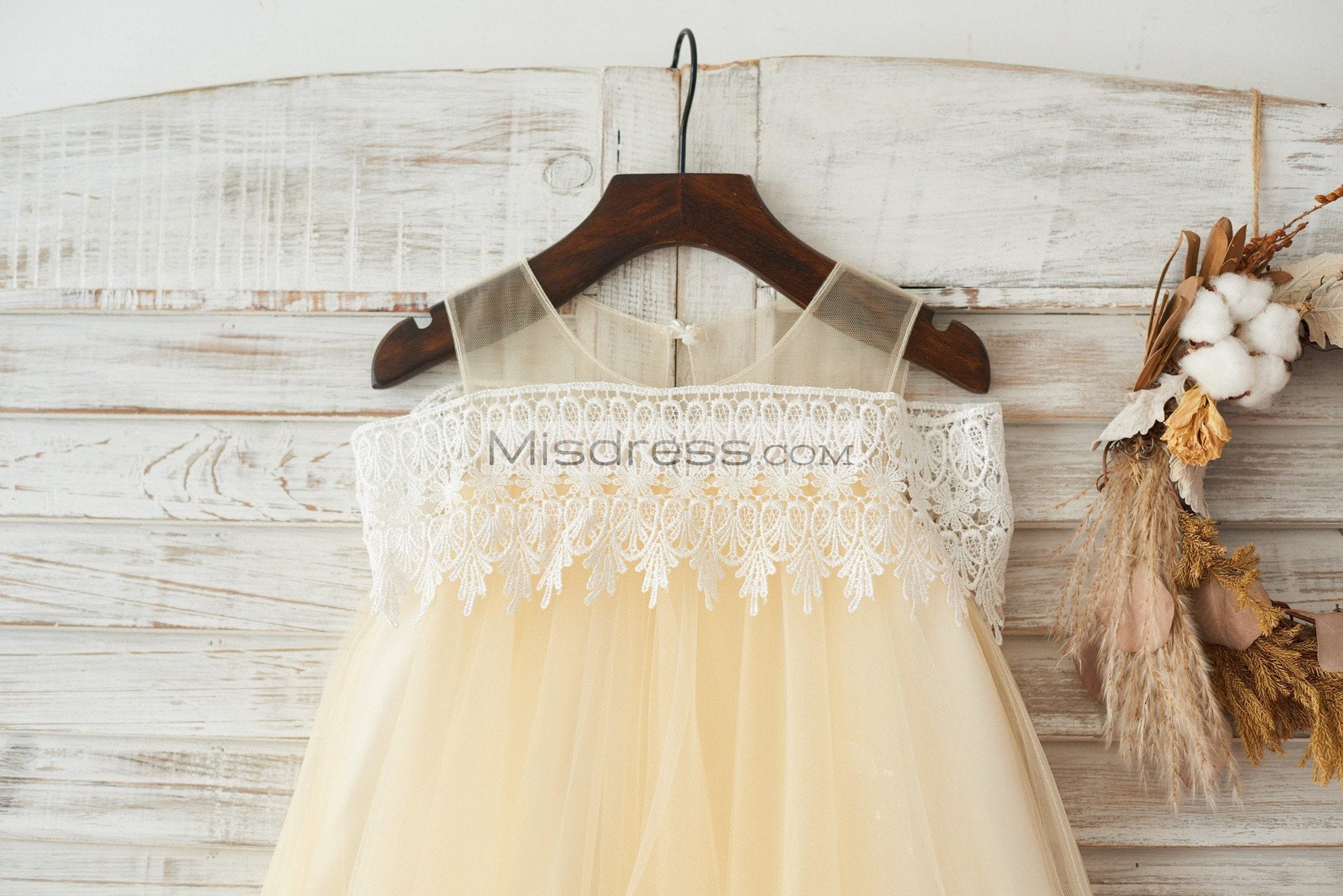 Boho Beach Off Shoulder Champagne Tulle Lace Wedding Flower Girl Dress - Flower Girl Dresses