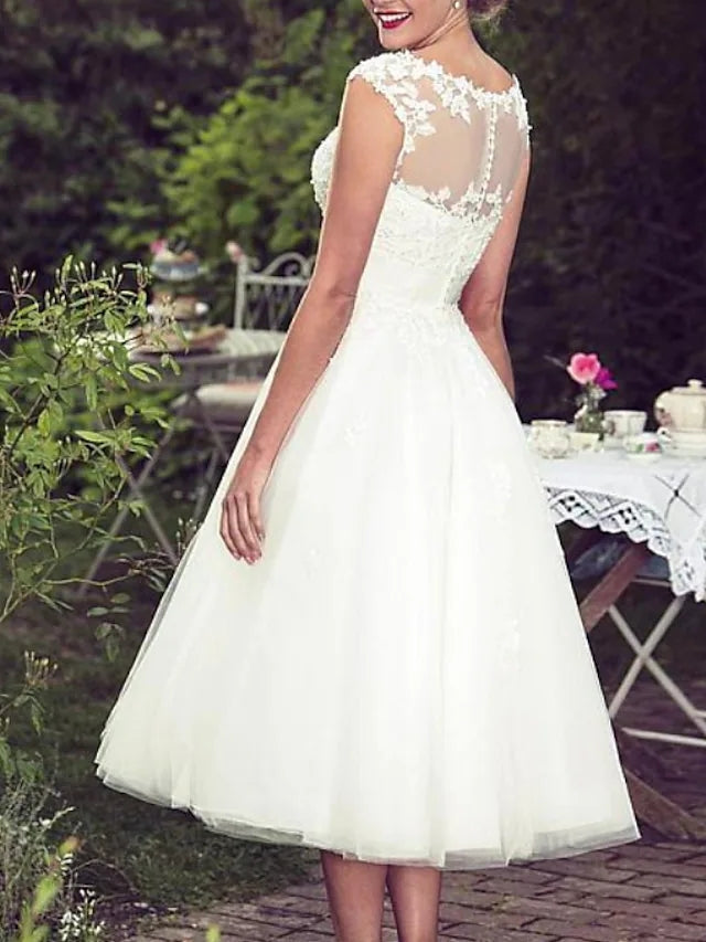 A-Line Wedding Dress Tea Length Sleeveless Bateau Lace Tulle Bridal Gown A-Line Wedding Dress Tea Length Sleeveless Bateau Lace Tulle Bridal Gown