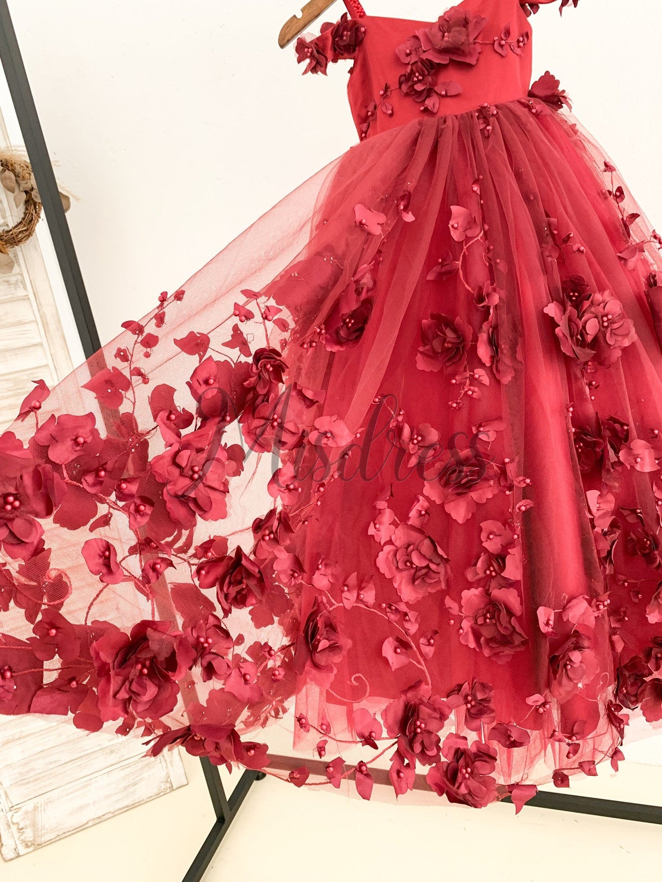 Burgundy 3D Beaded Lace Flower Tulle Off Shoulder Wedding Flower Girl Dress 7T