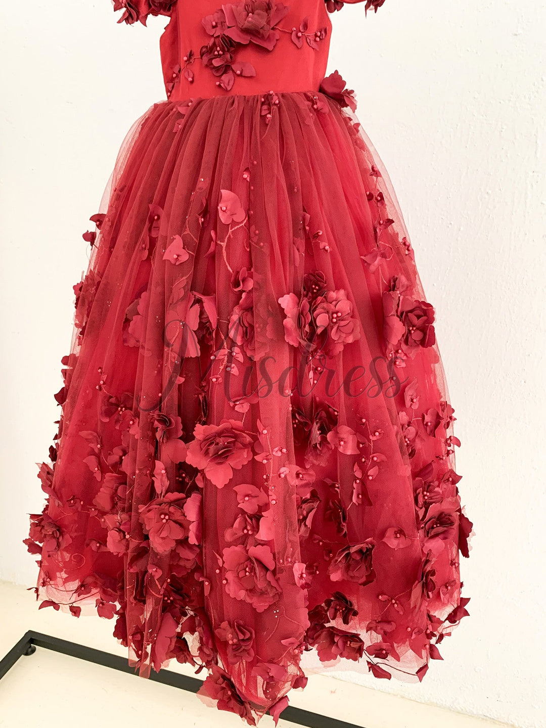Burgundy 3D Beaded Lace Flower Tulle Off Shoulder Wedding Flower Girl Dress 6T