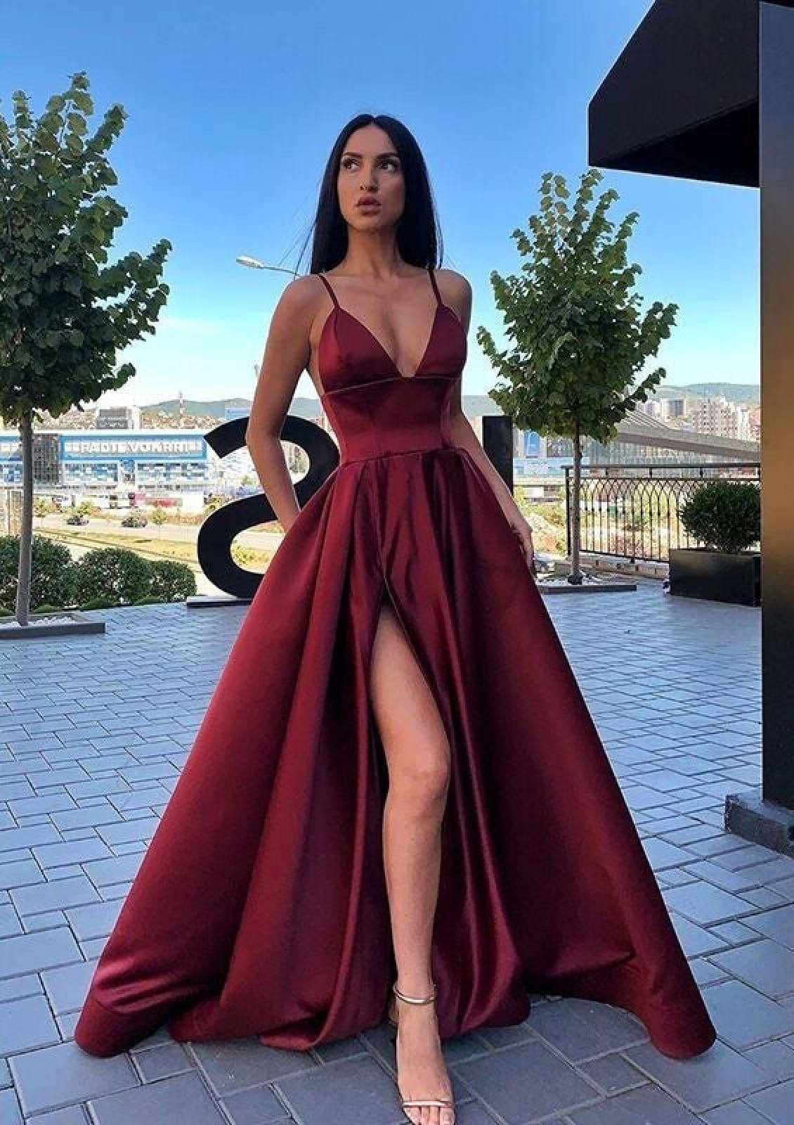 Burgundy Satin Spaghetti Strap V Neck Sweep Train Split Prom