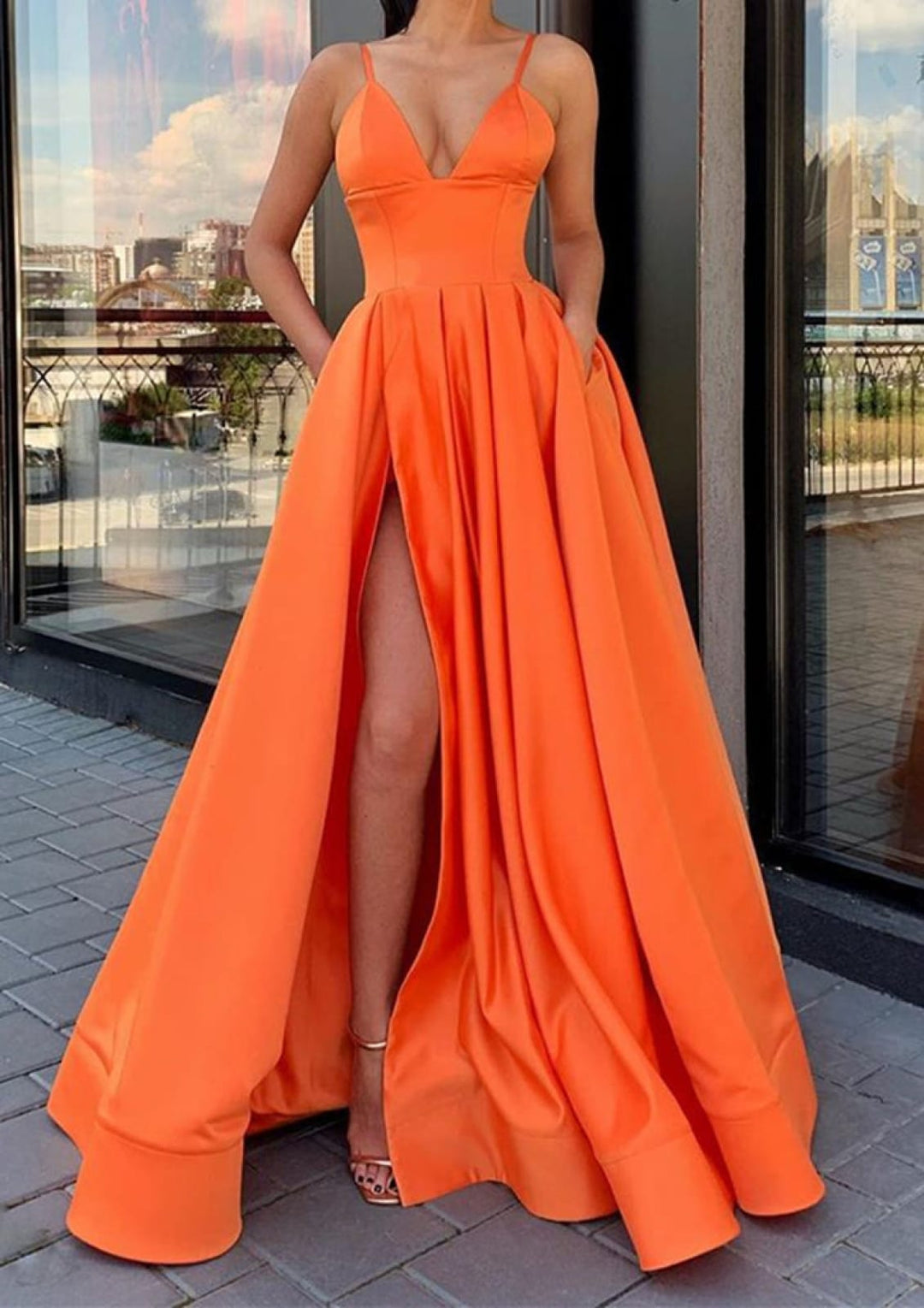 Burgundy Satin Spaghetti Strap V Neck Sweep Train Split Prom Dress Burgundy Satin Spaghetti Strap V Neck Sweep Train Split Prom Dress