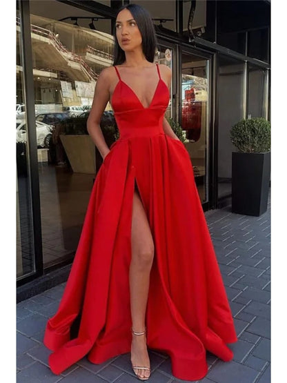 Burgundy Satin Spaghetti Strap V Neck Sweep Train Split Prom