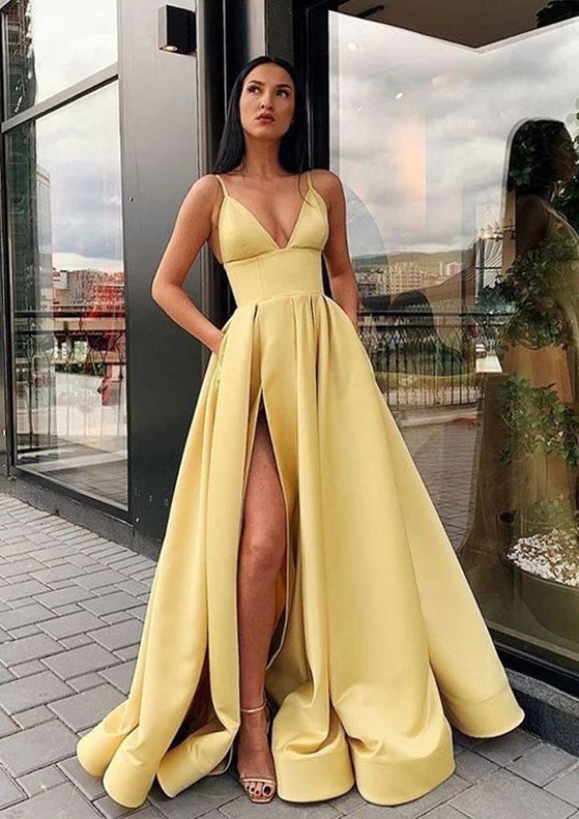 Burgundy Satin Spaghetti Strap V Neck Sweep Train Split Prom