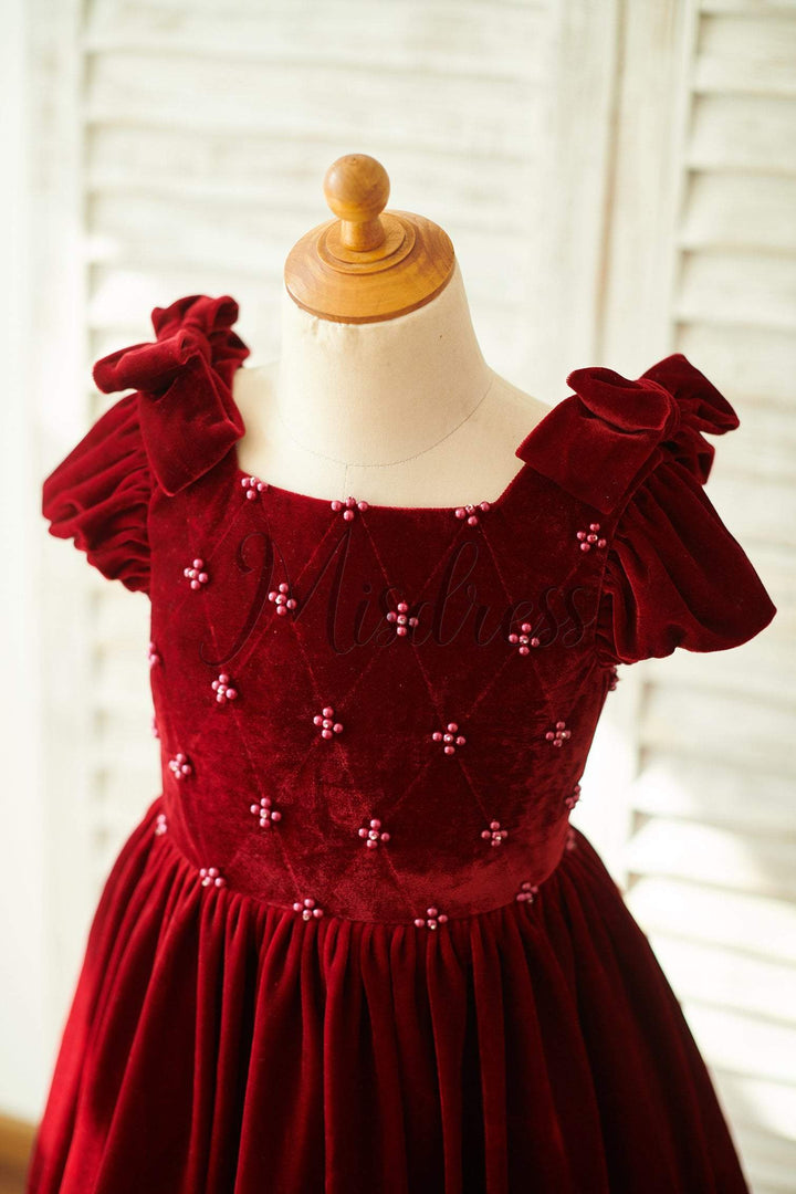 Burgundy Velvet Corset Back Cap Sleeves Wedding Flower Girl Dress | Misdress Burgundy Velvet Corset Back Cap Sleeves Wedding Flower Girl Dress | Misdress