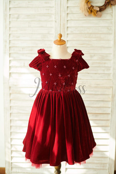 Burgundy Velvet Corset Back Cap Sleeves Wedding Flower Girl Dress - Flower Girl Dresses