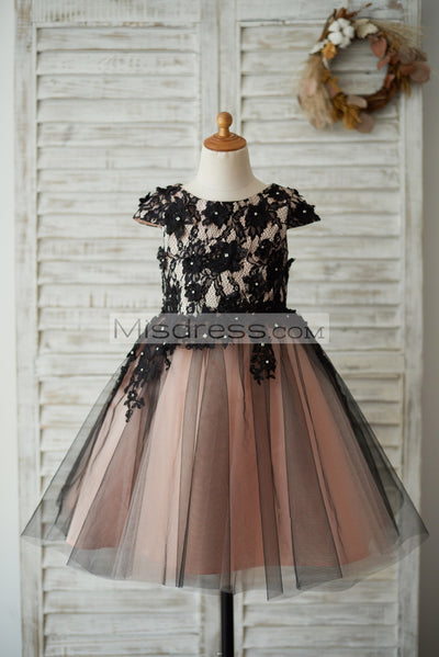 Cap Sleeves Black Lace Tulle Mauve Lining Wedding Flower Girl Dress with Beading - Flower Girl Dresses