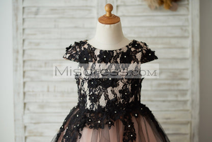 Cap Sleeves Black Lace Tulle Mauve Lining Wedding Flower Girl Dress with Beading - Flower Girl Dresses