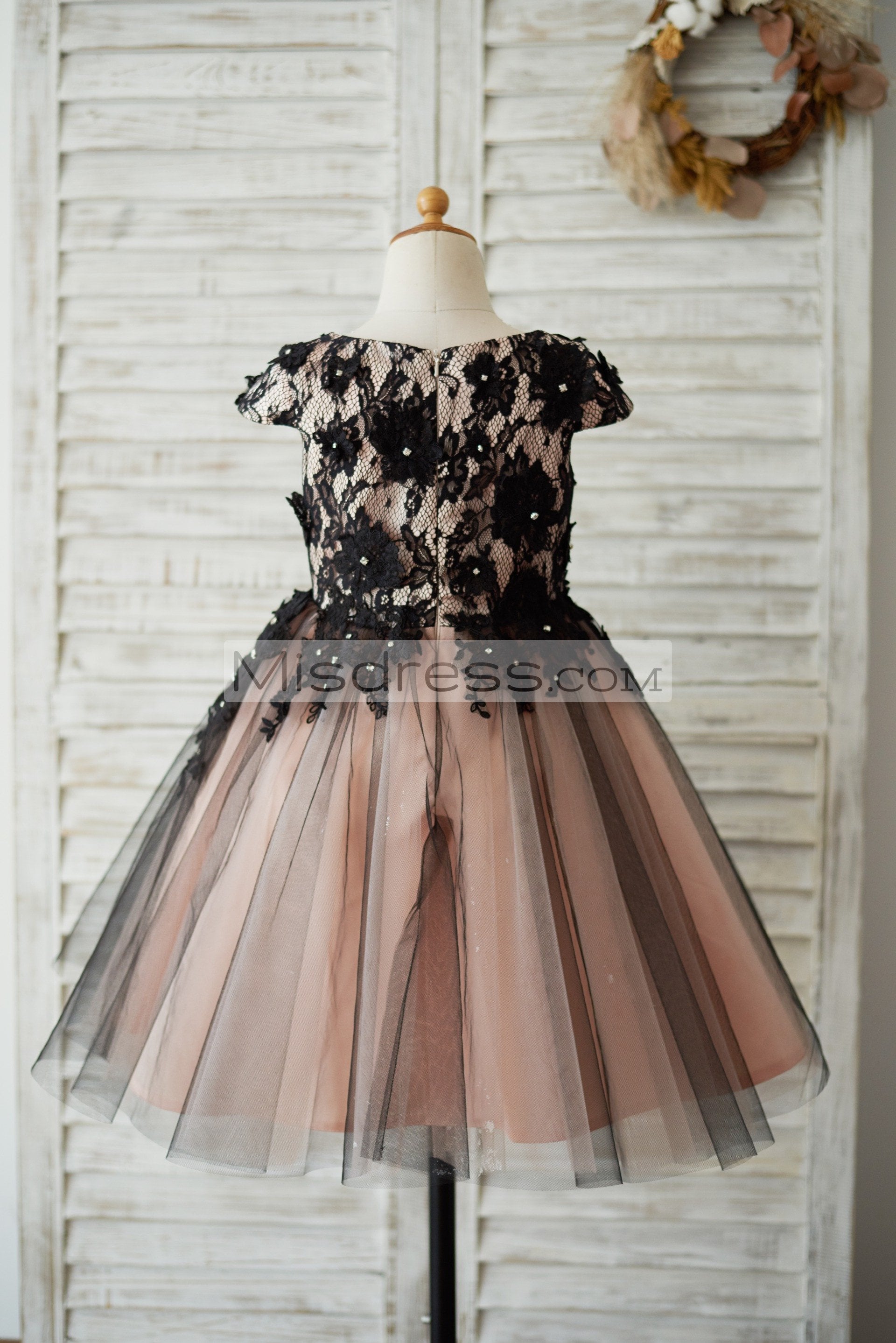 Cap Sleeves Black Lace Tulle Mauve Lining Wedding Flower Girl Dress with Beading - Flower Girl Dresses