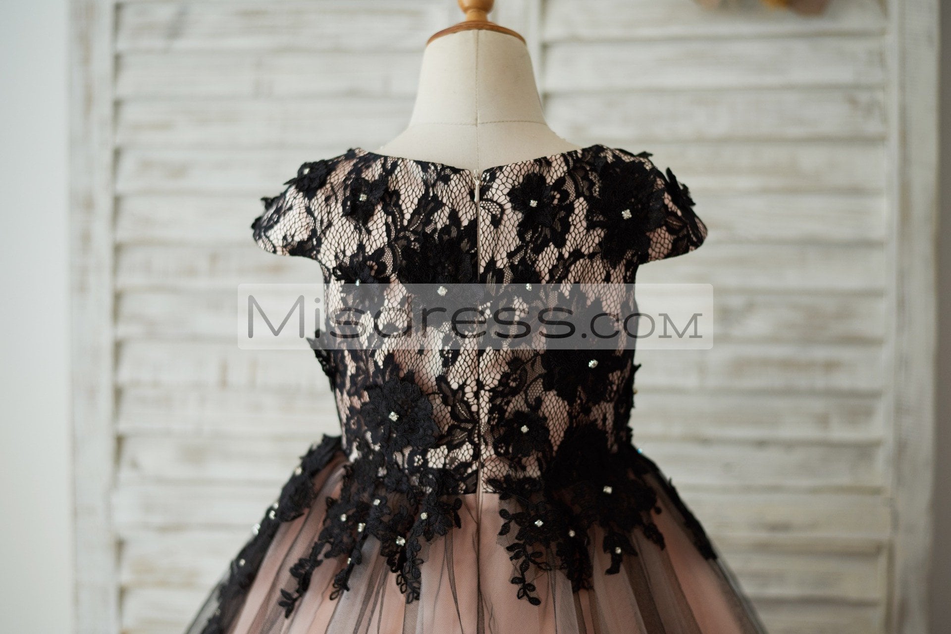 Cap Sleeves Black Lace Tulle Mauve Lining Wedding Flower Girl Dress with Beading - Flower Girl Dresses