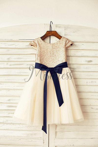 Cap Sleeves Blush Pink Sequin Ivory Tulle Flower Girl Dress with navy blue belt - 1T --- Chest = 20 inches/ Waist = 19 inches/ Hollow to