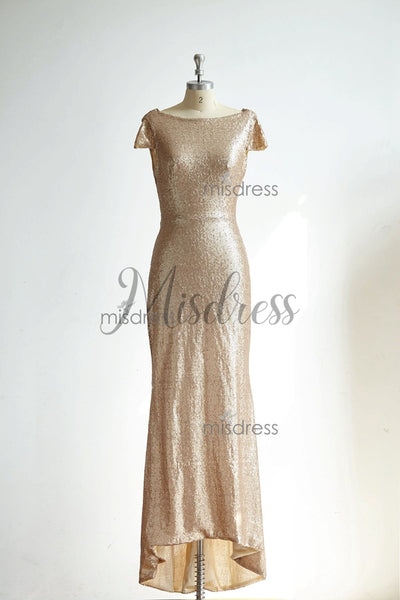 Cap Sleeves Champagne Gold Sequin Long Wedding Bridesmaid Dress - Bridesmaid Dresses