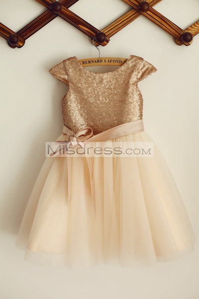 Cap Sleeves Champagne Sequin Tulle Wedding Flower Girl Dress With Belt - Flower Girl Dresses