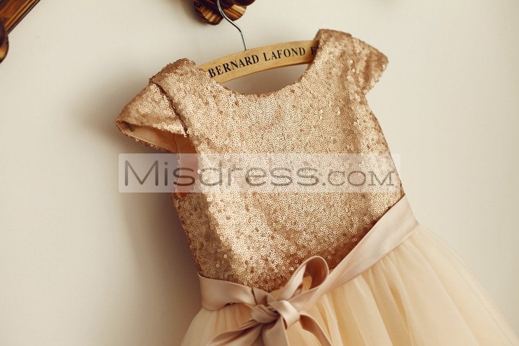 Cap Sleeves Champagne Sequin Tulle Wedding Flower Girl Dress With Belt - Flower Girl Dresses