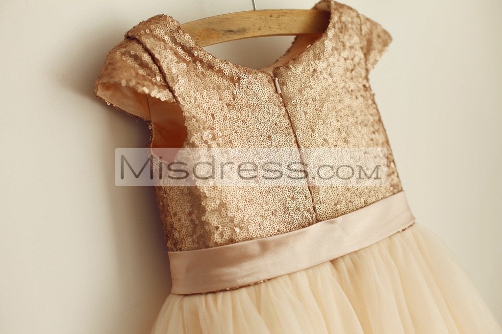 Cap Sleeves Champagne Sequin Tulle Wedding Flower Girl Dress With Belt - Flower Girl Dresses