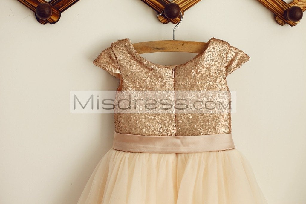 Cap Sleeves Champagne Sequin Tulle Wedding Flower Girl Dress With Belt - Flower Girl Dresses