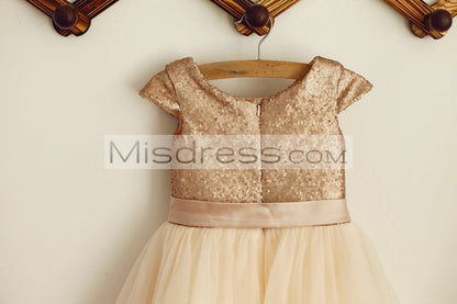 Cap Sleeves Champagne Sequin Tulle Wedding Flower Girl Dress With Belt - Flower Girl Dresses