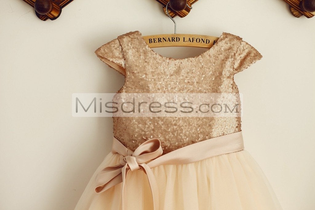 Cap Sleeves Champagne Sequin Tulle Wedding Flower Girl Dress With Belt - Flower Girl Dresses