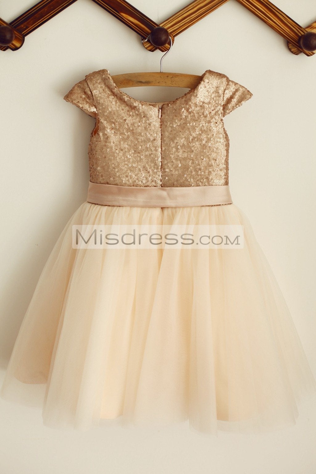 Cap Sleeves Champagne Sequin Tulle Wedding Flower Girl Dress With Belt - Flower Girl Dresses