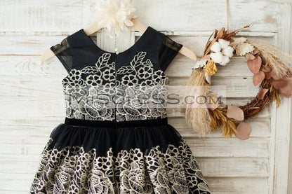 Cap Sleeves Gold Lace Black Tulle Wedding Party Flower Girl Dress - Flower Girl Dresses