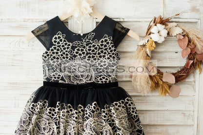 Cap Sleeves Gold Lace Black Tulle Wedding Party Flower Girl Dress - Flower Girl Dresses