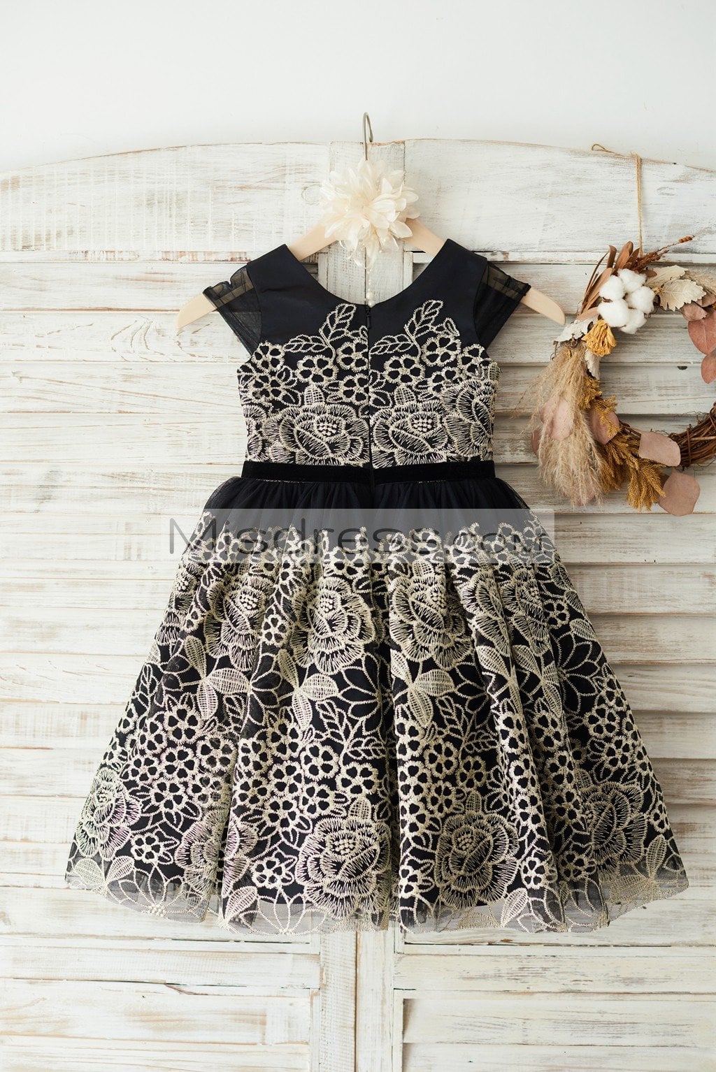 Cap Sleeves Gold Lace Black Tulle Wedding Party Flower Girl Dress - Flower Girl Dresses