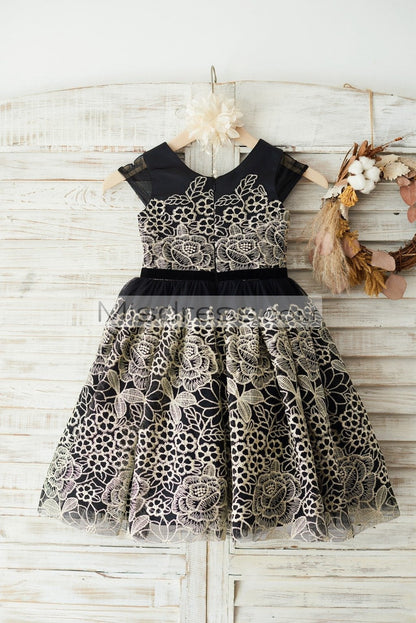 Cap Sleeves Gold Lace Black Tulle Wedding Party Flower Girl Dress - Flower Girl Dresses