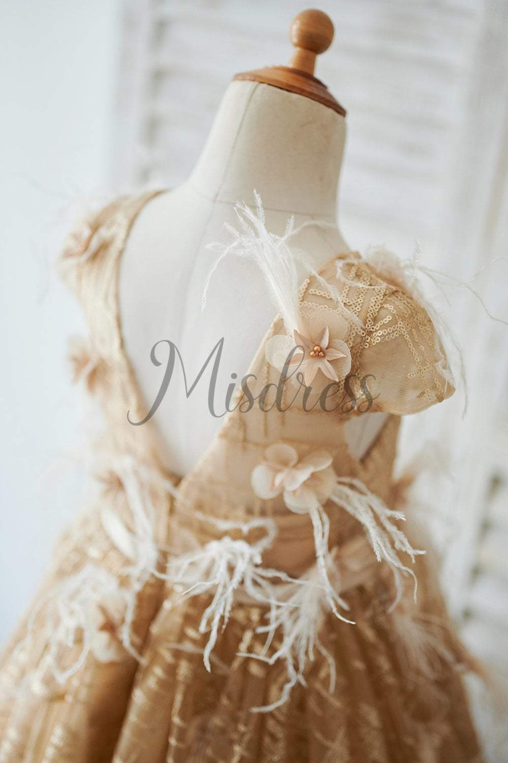 Cap Sleeves V Back Gold Sequin Tulle Wedding Flower Girl Dress - Flower Girl Dresses
