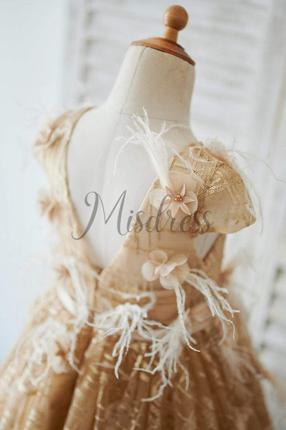 Cap Sleeves V Back Gold Sequin Tulle Wedding Flower Girl Dress - Flower Girl Dresses