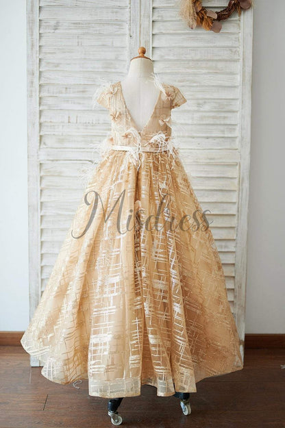 Cap Sleeves V Back Gold Sequin Tulle Wedding Flower Girl Dress - Flower Girl Dresses