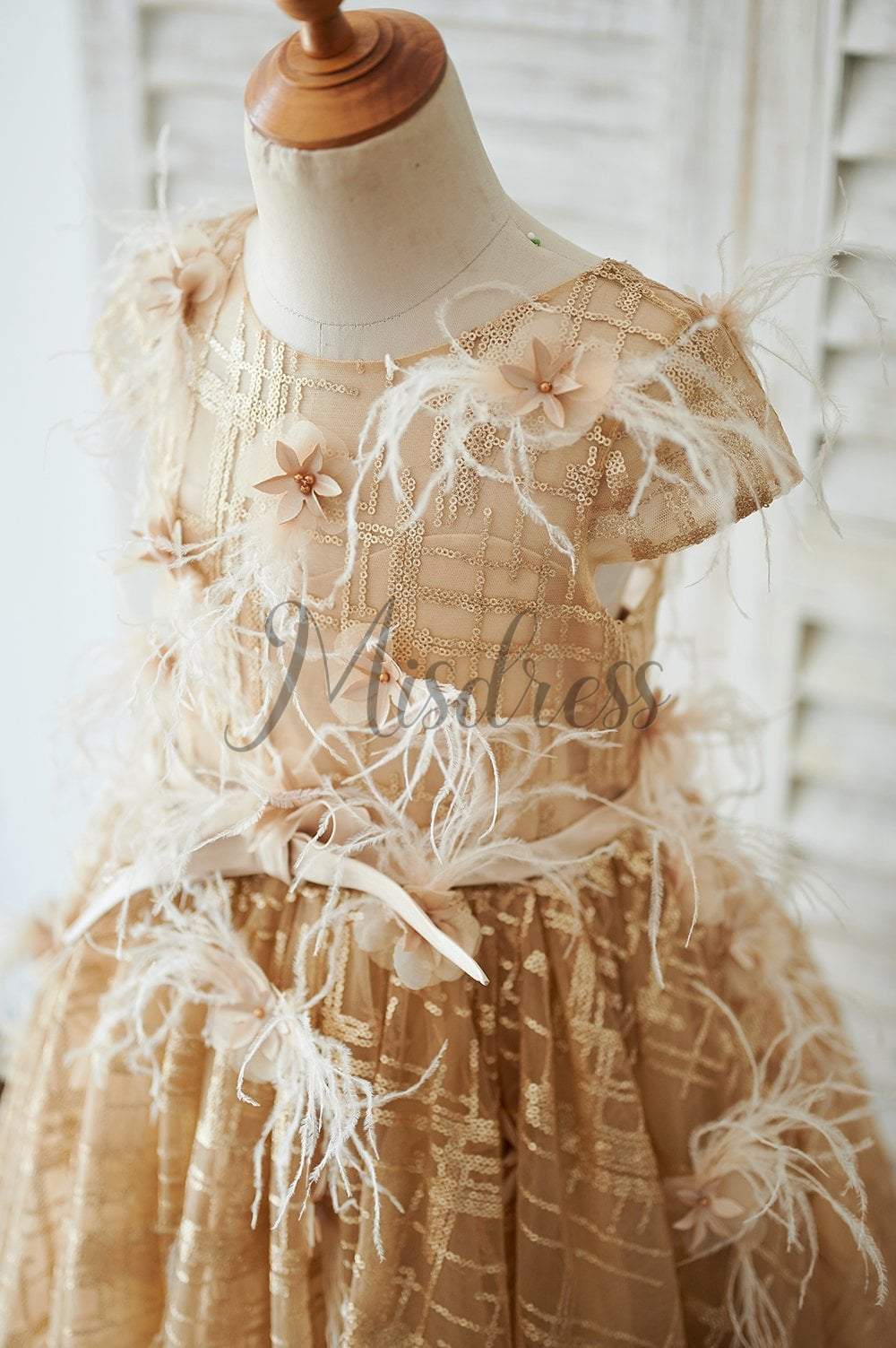 Cap Sleeves V Back Gold Sequin Tulle Wedding Flower Girl Dress - Flower Girl Dresses
