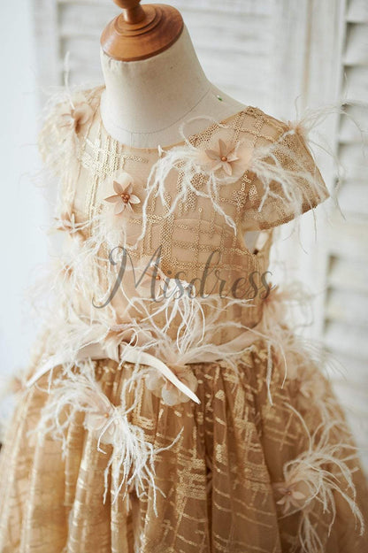Cap Sleeves V Back Gold Sequin Tulle Wedding Flower Girl Dress - Flower Girl Dresses