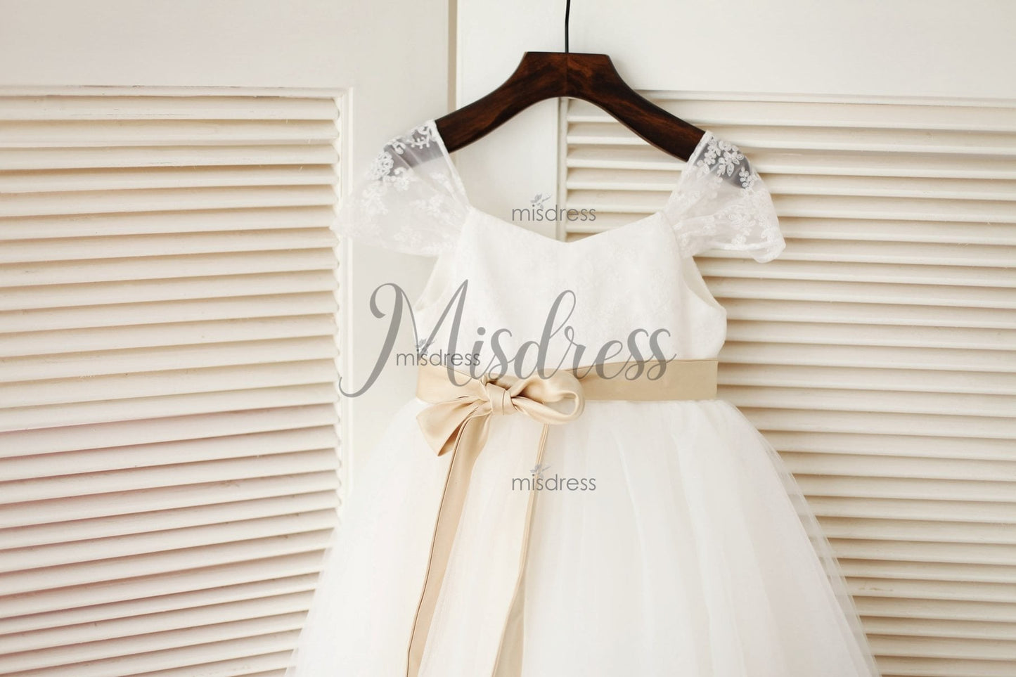 Cap Sleeves Ivory Lace Tulle Flower Girl Dress With Champagne Satin Sash - Flower Girl Dresses